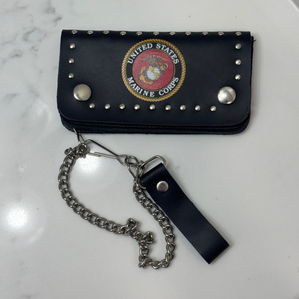 USMC Chain‎ Wallet Black Leather Studded Biker Marine Corps Trifold